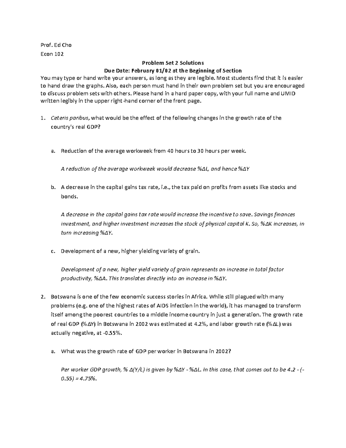 Econ 102: Problem Set 2 Macro Solutions and Explanations - Studocu