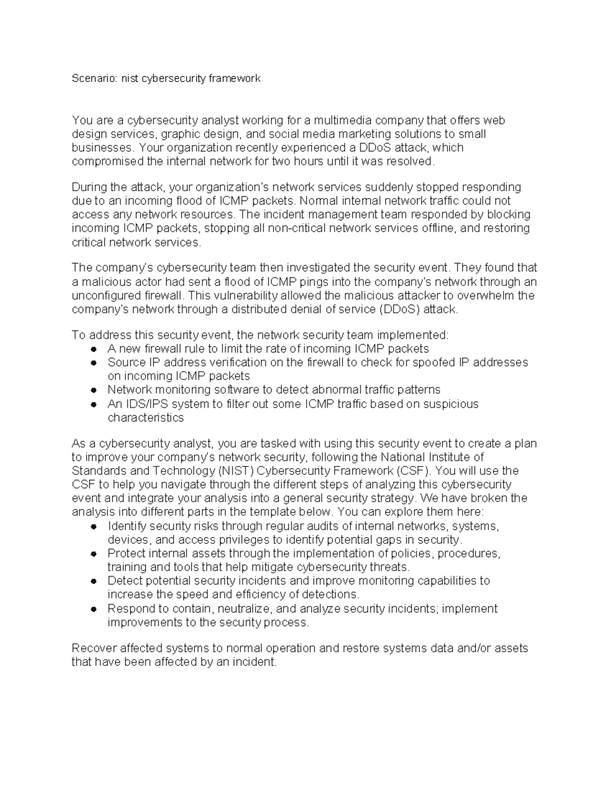 NIST Cybersecurity Framework: DDoS Attack Response Scenario - Studocu