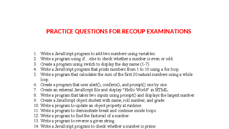 Practice Questions for Recoup Exam: JavaScript Programming - Studocu