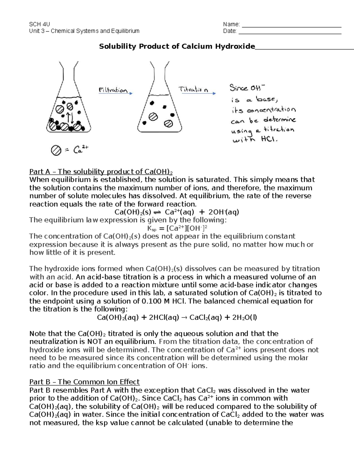 SCH 4U Unit 3 Lab Report: Ksp of Calcium Hydroxide (2025-2026) - Studocu