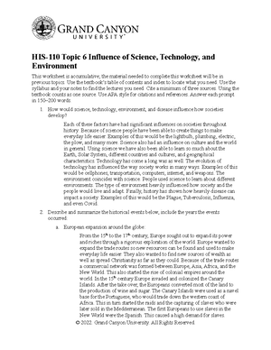 HIS 110 RS T6Influence Science Technology Environment - HIS-110 Topic 6 ...