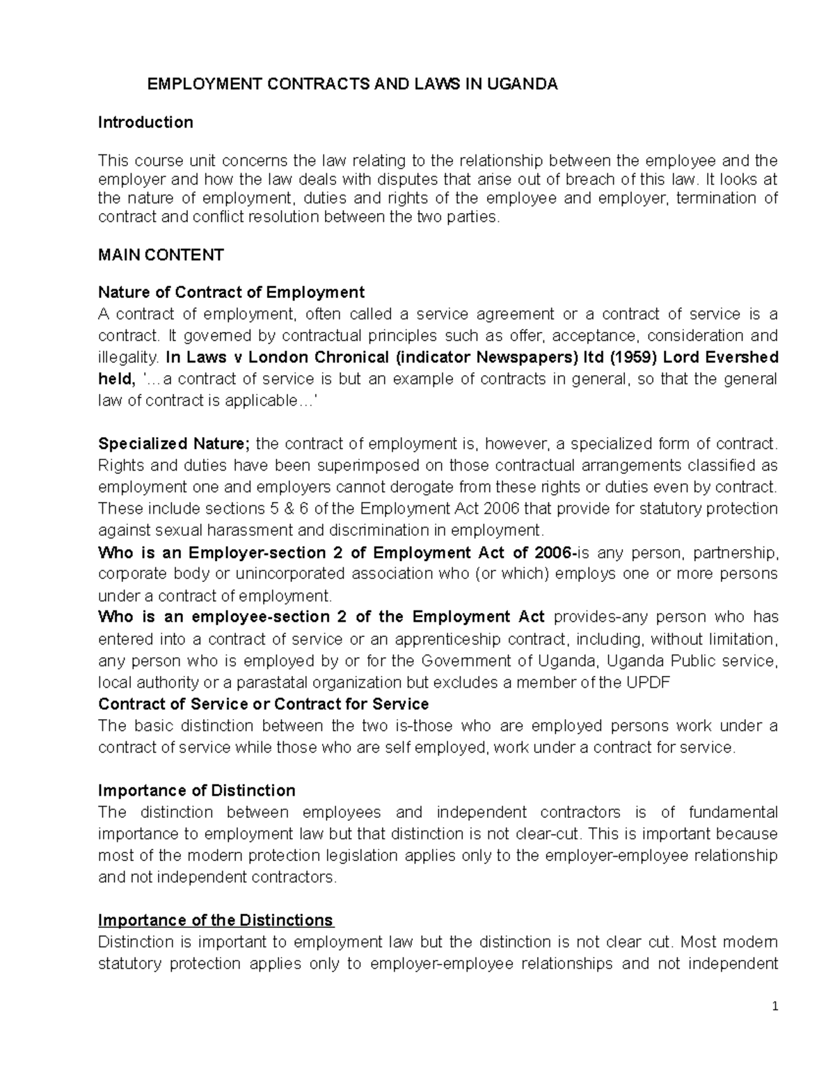 Labour Law Notes - Employment Contracts & Rights in Uganda (LL-101 ...