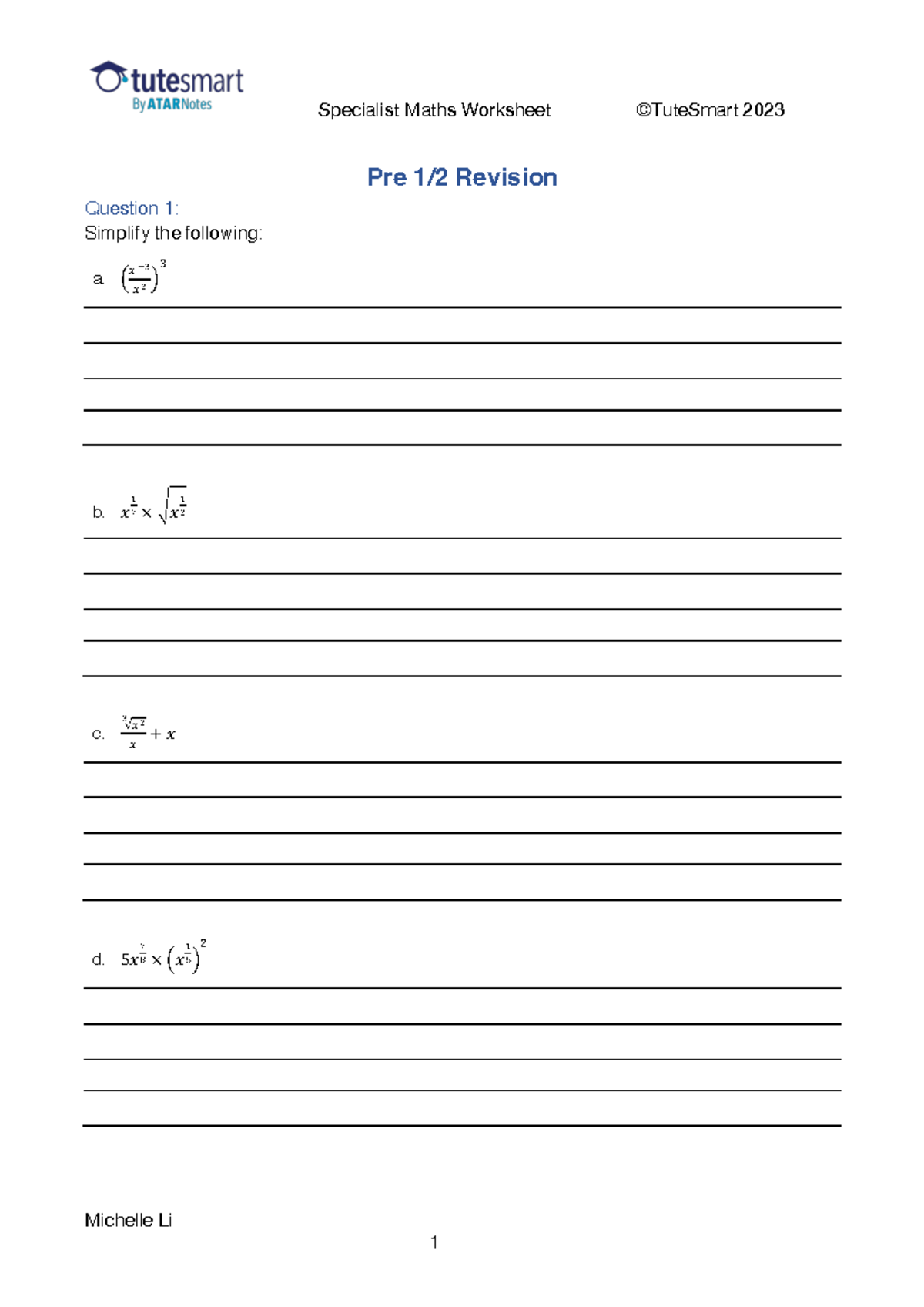 Specialist - Practice - Specialist Maths Worksheet ©TuteSmart 20 23 ...