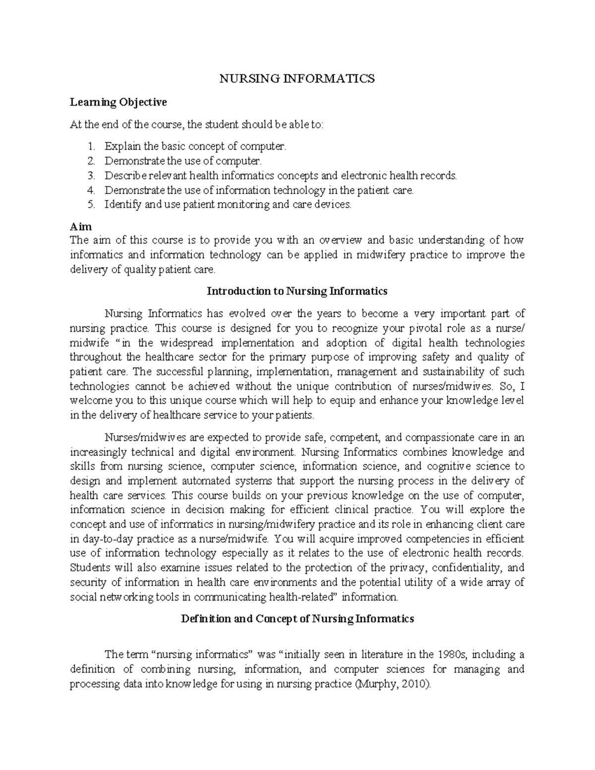 NURSING INFORMATICS NUR 101 Lecture Notes: Unit 1 Overview and Concepts ...