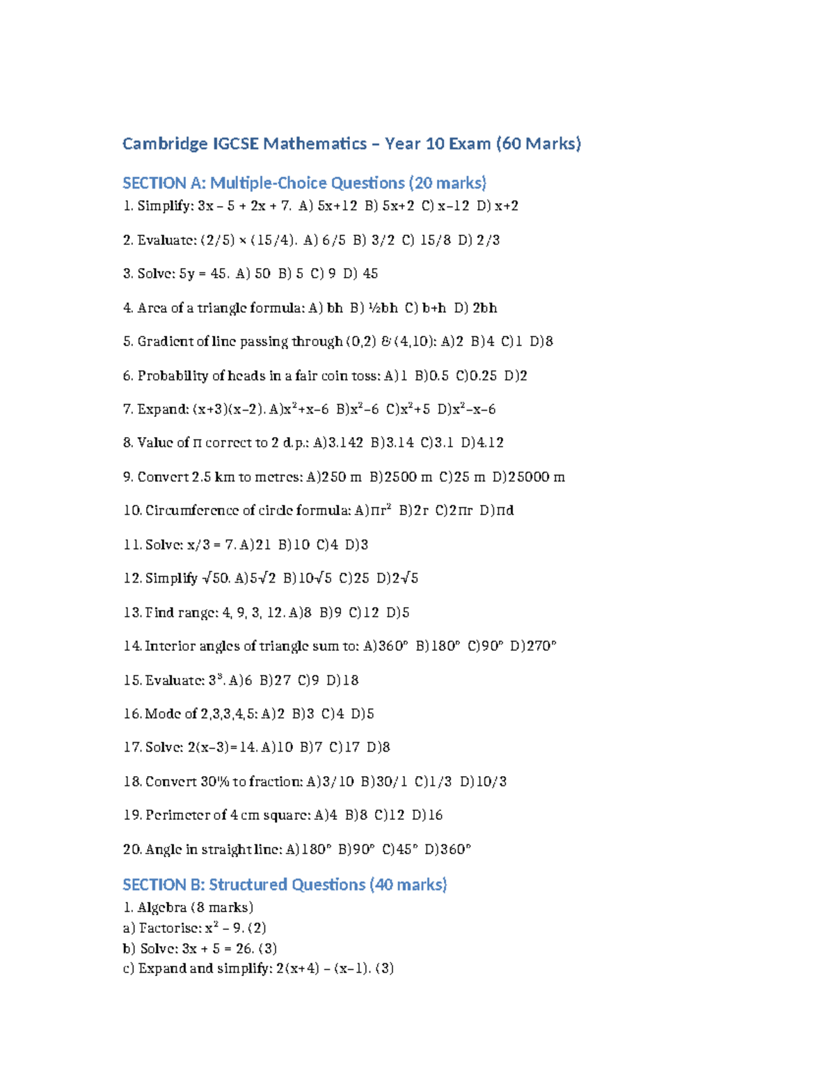 Cambridge IGCSE Maths Year 10 Exam Questions (60 Marks) - Studocu