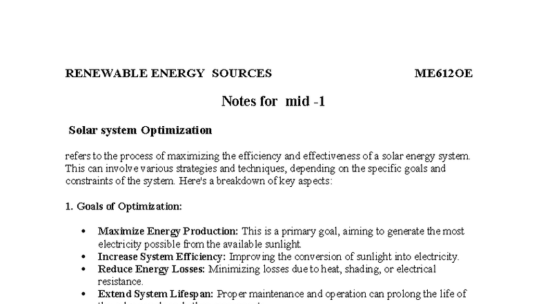 Renewable Energy Sources ME612OE Midterm Notes on Solar Optimization ...