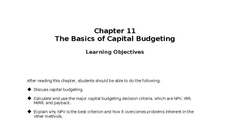 FFM15 Chapter 11: Capital Budgeting Basics & Key Decision Criteria ...