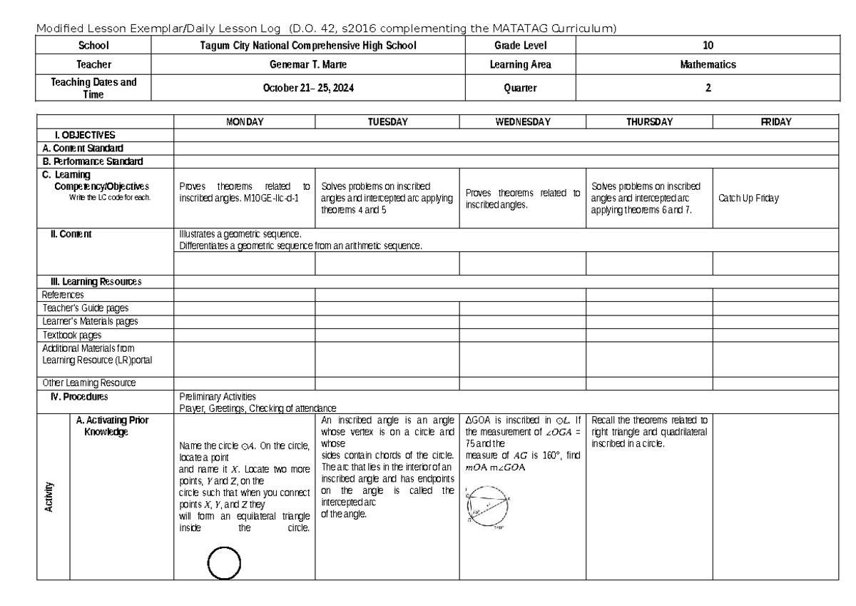 Modified Lesson Log for Mathematics (Grade 10) - Oct 25, 2024 - Studocu