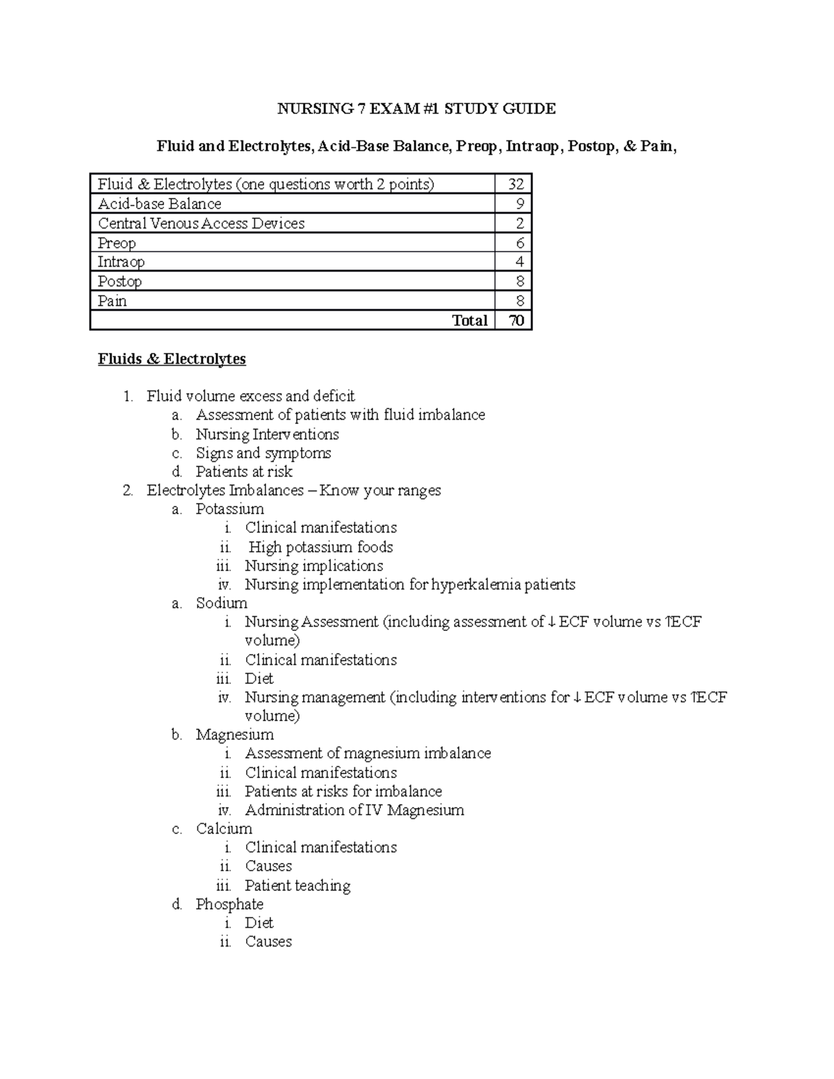 Exam 1 Study Guide Fall 2023 - NURSING 7 EXAM #1 STUDY GUIDE Fluid and ...