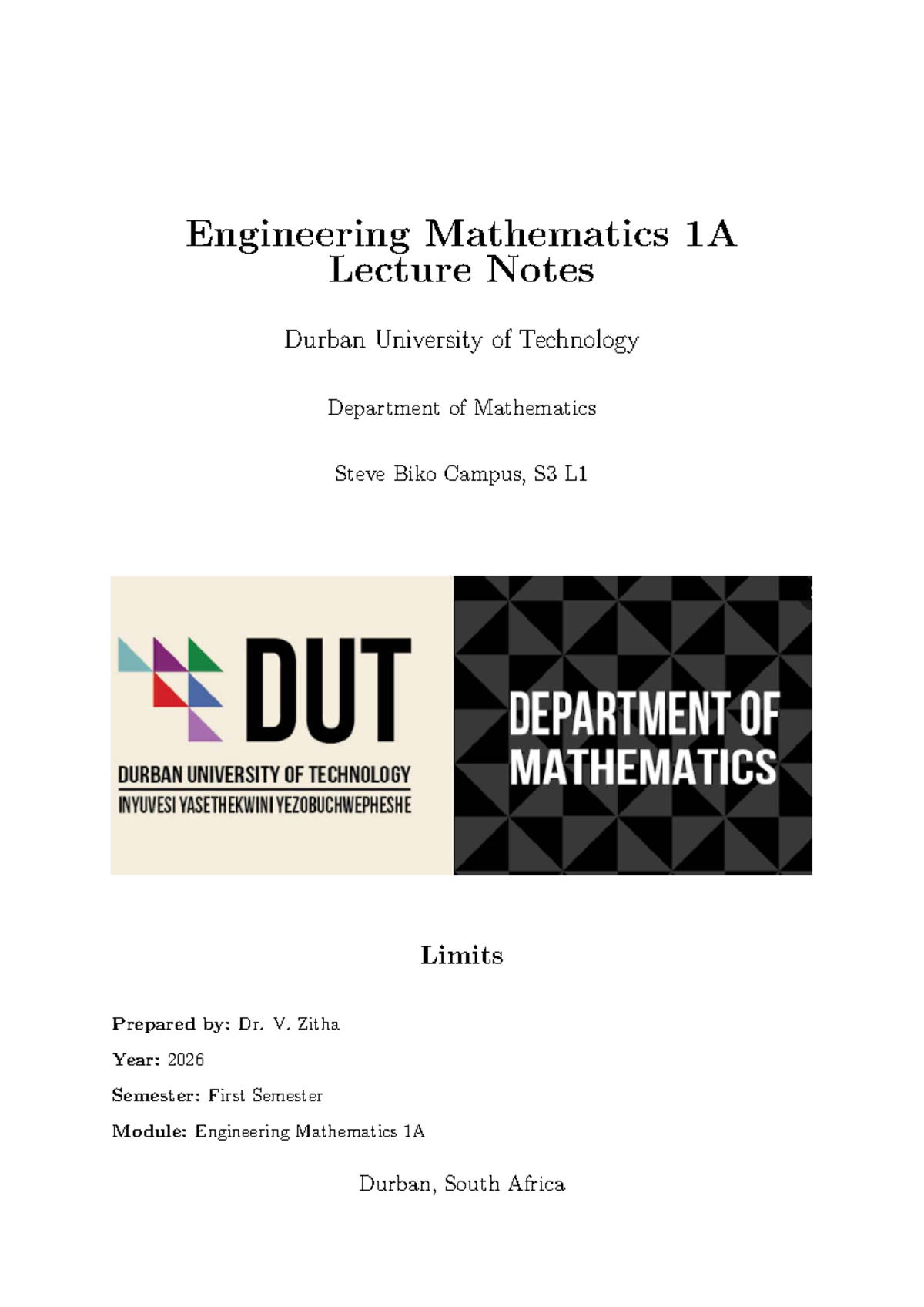 Engineering Mathematics 1A Lecture Notes: Limits Analysis (ENMA101 ...