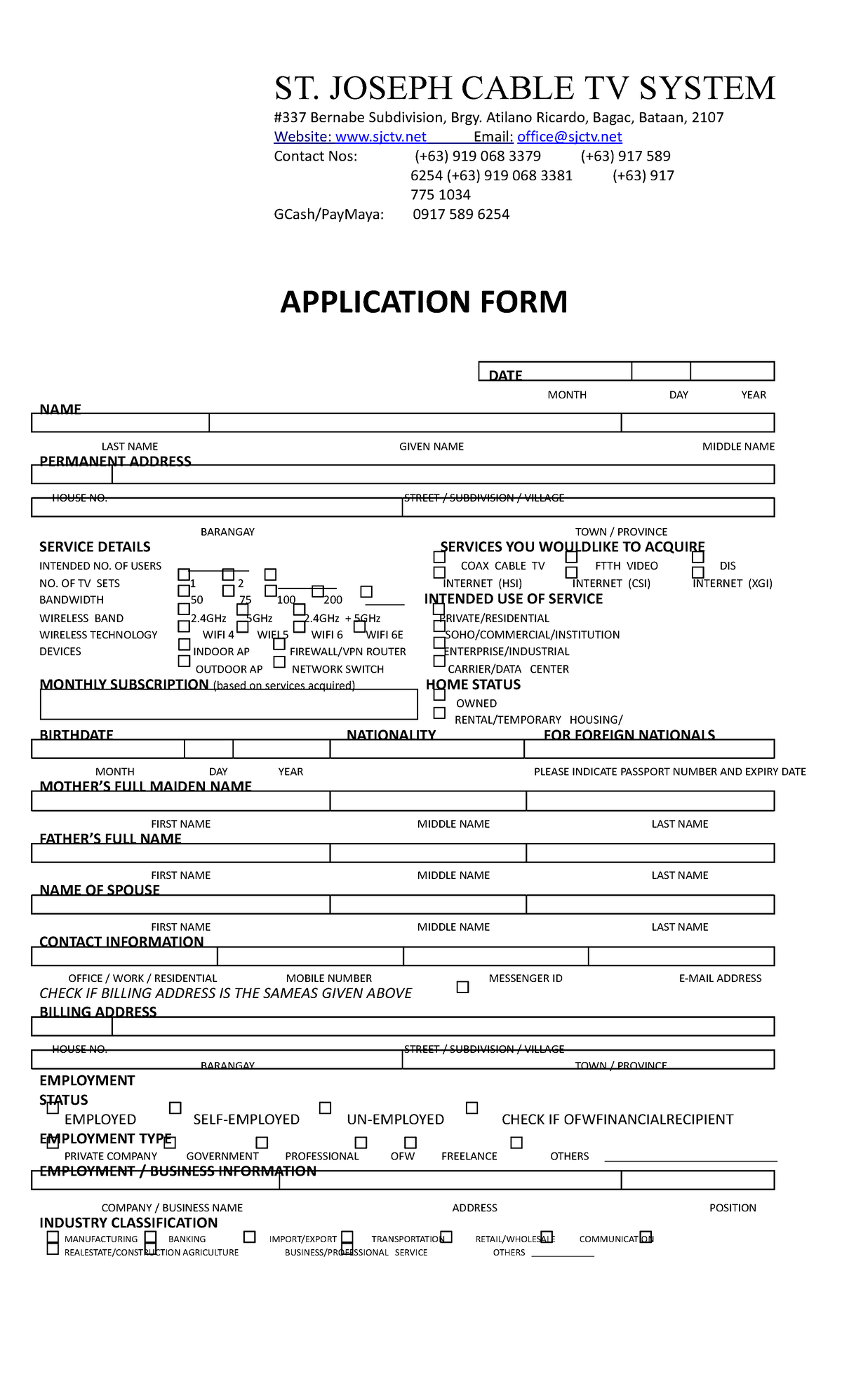 SJCTV Application Form for Cable TV and Internet Services - Studocu