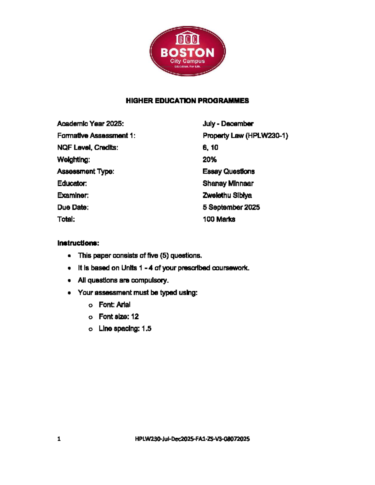 Property Law 230-1: Formative Assessment 1 Essay Questions - Studocu