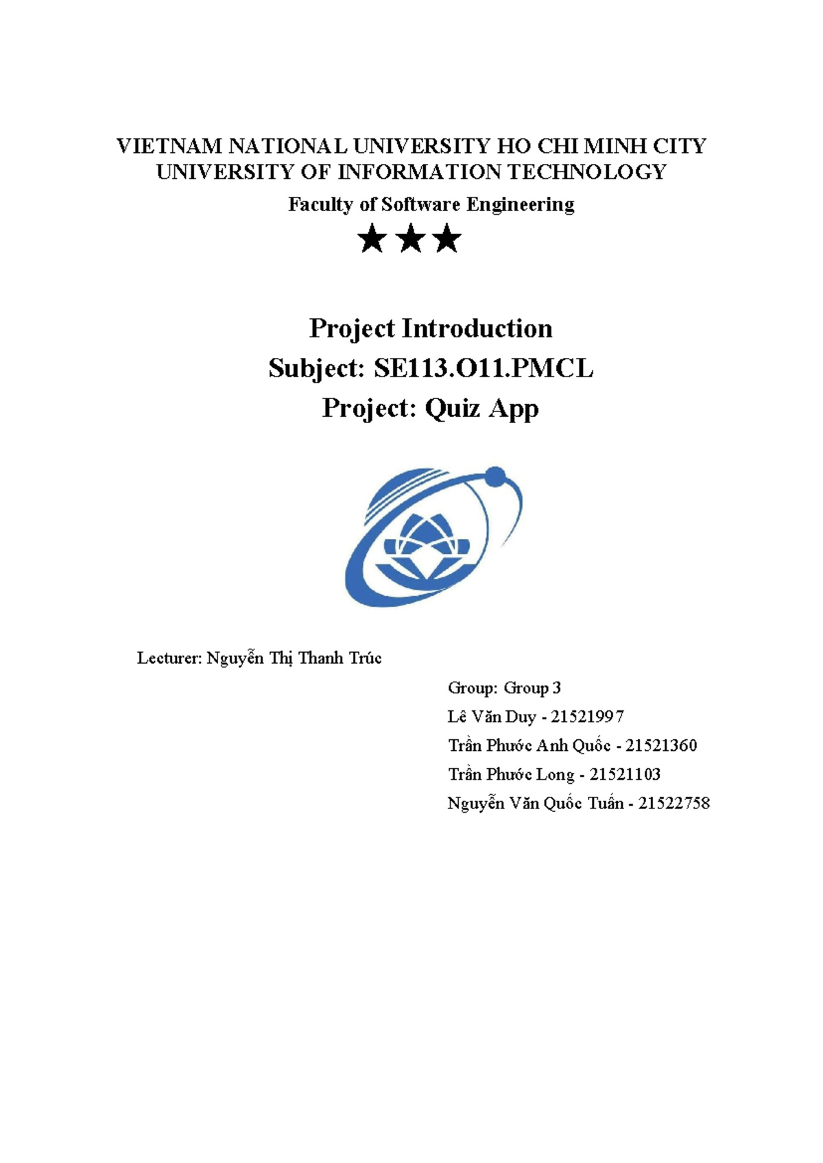 SE113.O11.PMCL Project: Quiz App Introduction and Overview Report - Studocu