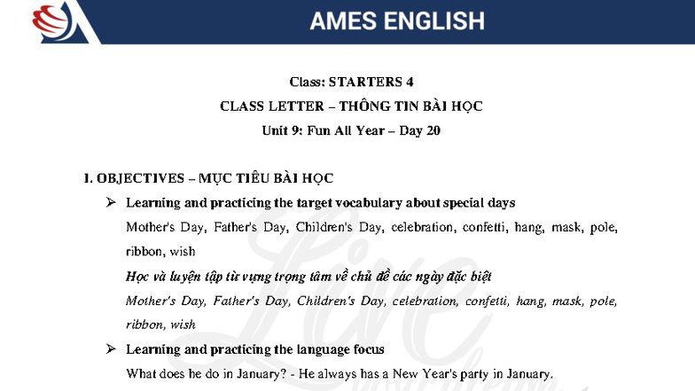 Class Letter: STARTERS 4 - Unit 9 Fun All Year (Day 20) - Studocu