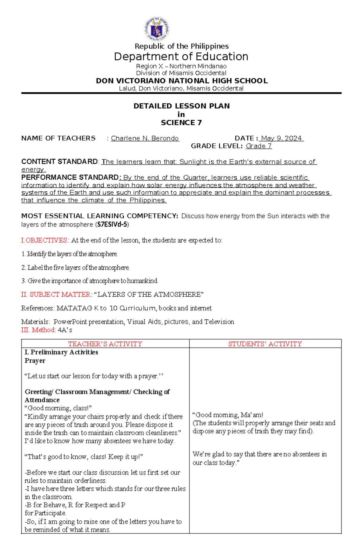 Detailed Lesson Plan on the 5 Layers of the Atmosphere (Science 7 ...