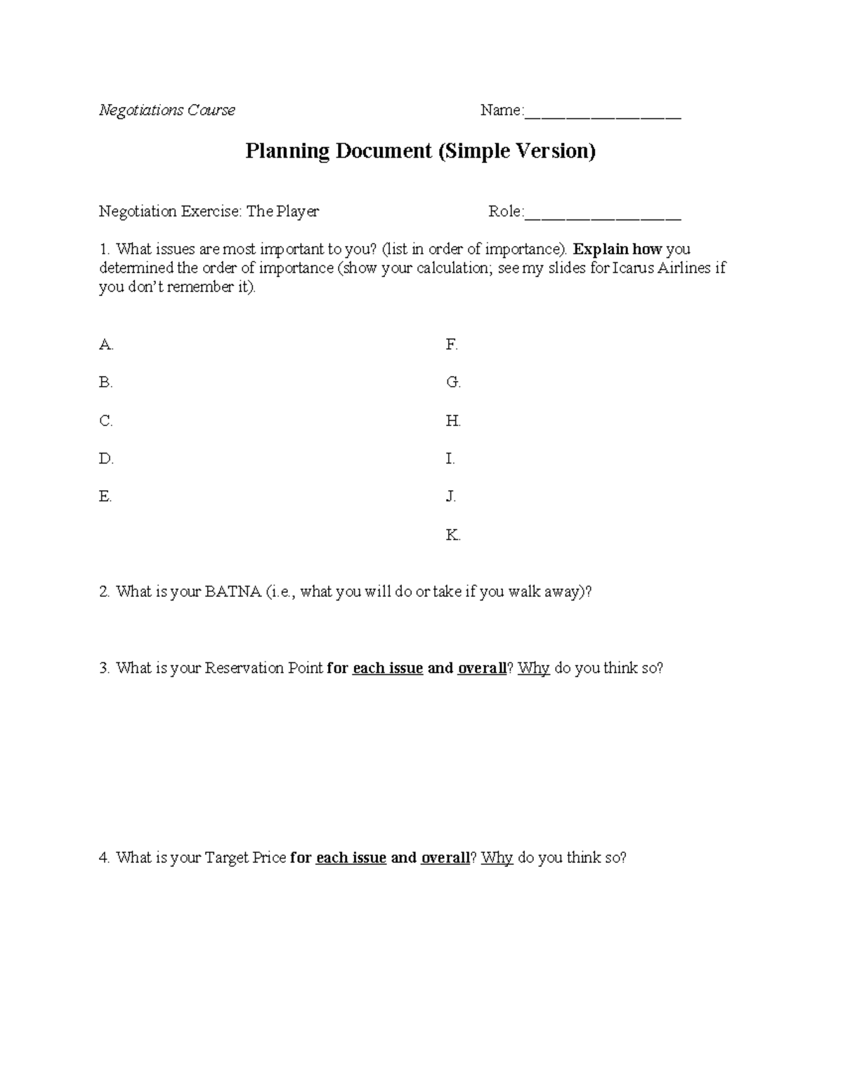 Negotiation Exercise Planning Document (The Player) - Course Code ...