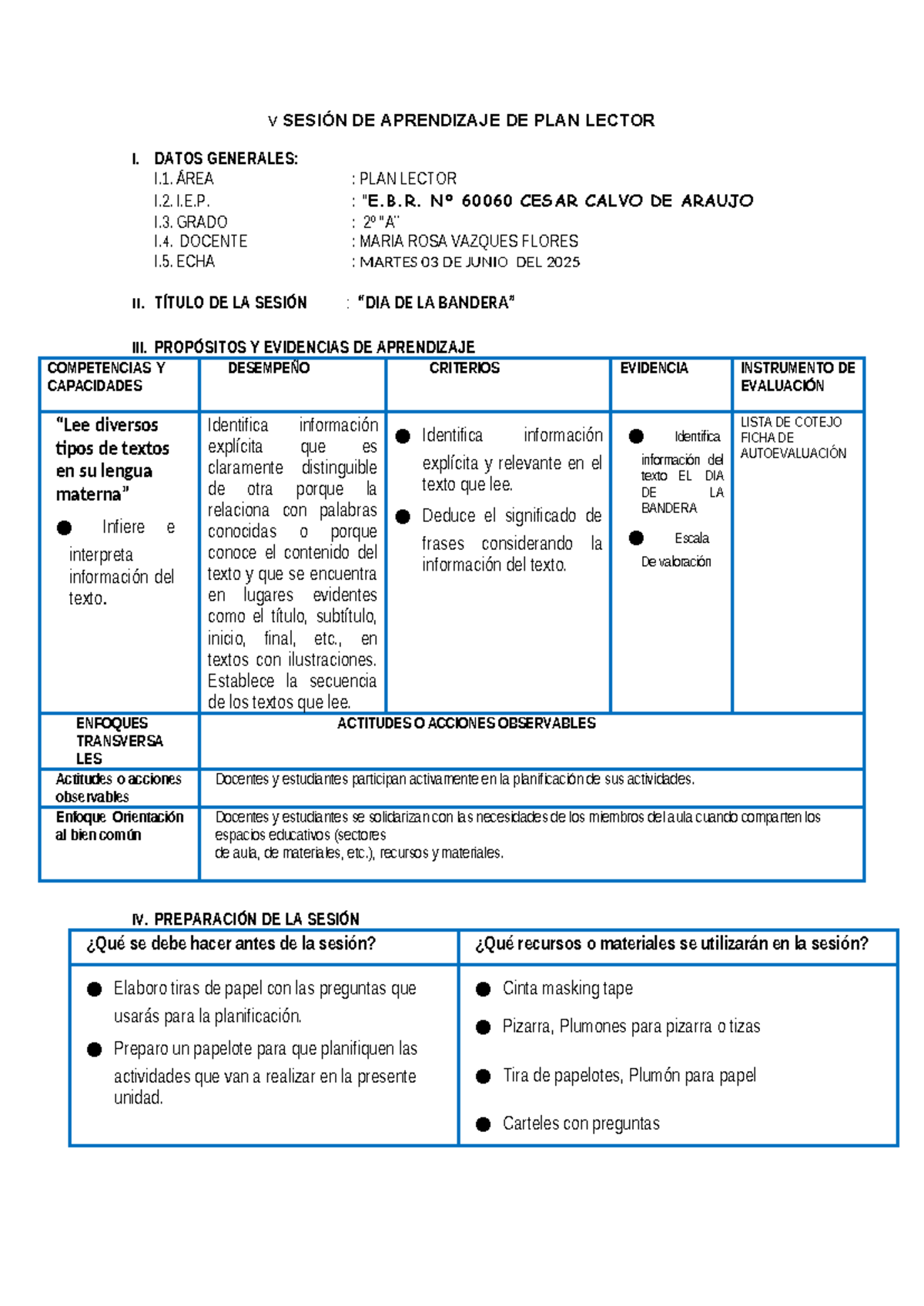 Sesión de Aprendizaje: Plan Lector I - Día de la Bandera 60060 - Studocu