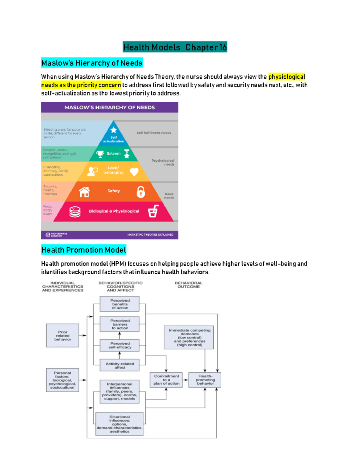 Study guide exam 2 - Health Models Chapter 16 Maslow’s Hierarchy of ...