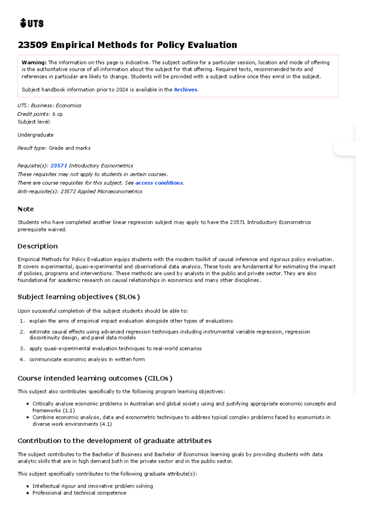 UTS 23509 Empirical Methods for Policy Evaluation - Course Overview ...