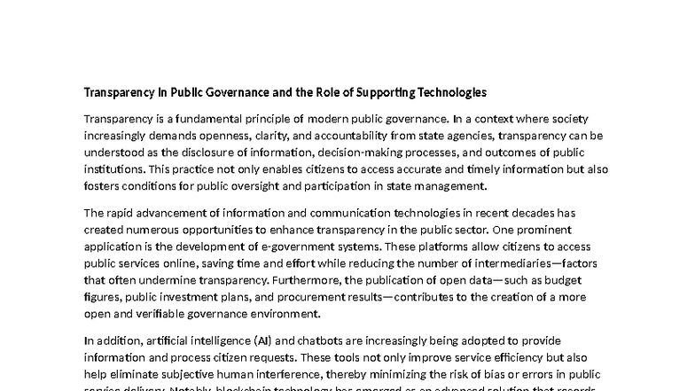 Transparency in Public Governance and the Role of Supporting ...
