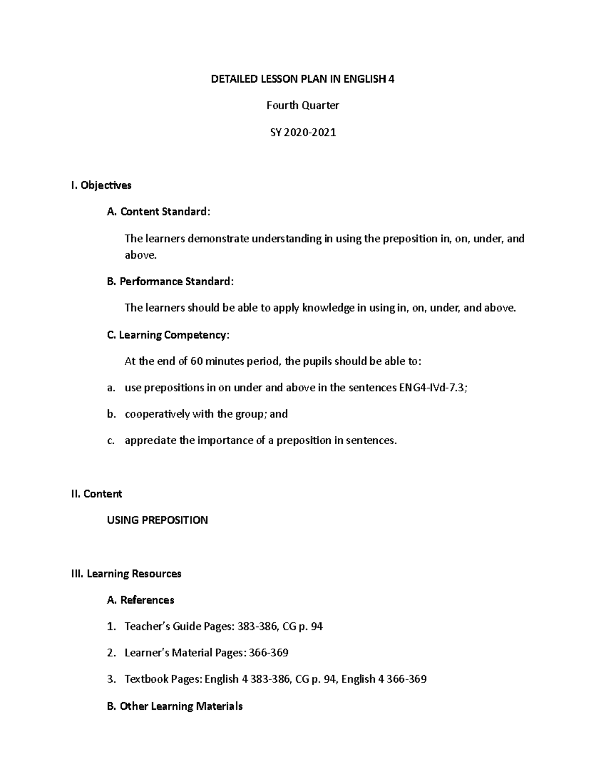 Detailed Lesson Plan: Using Prepositions in English 4 - Studocu