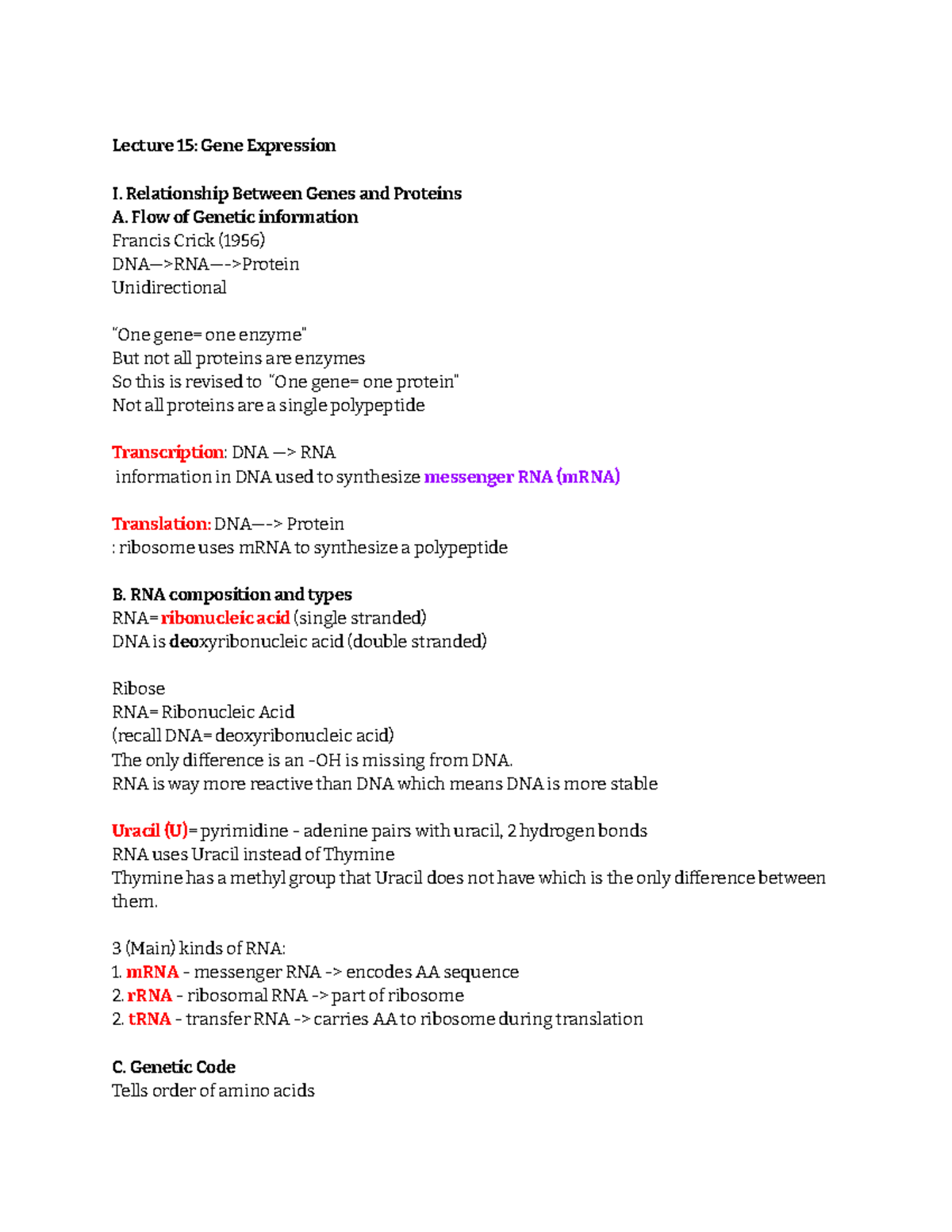 Gene expression note - Lecture 15: Gene Expression I. Relationship ...