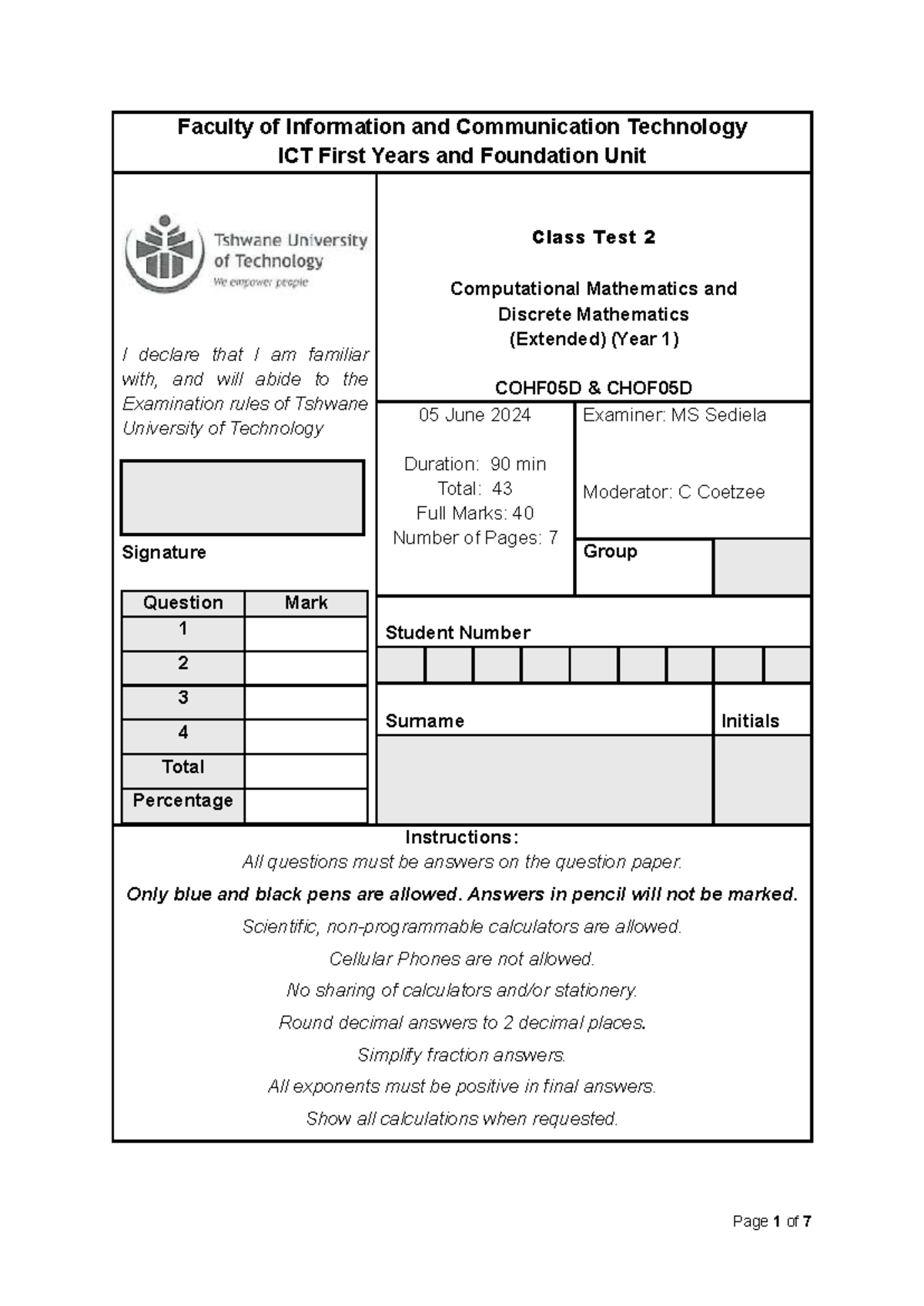 ICT COHF05D Class Test 2: Computational & Discrete Mathematics - Studocu