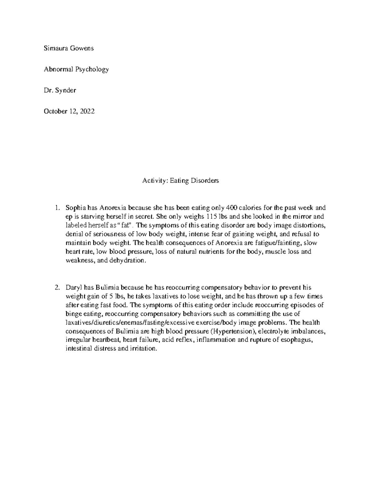 Abnormal Psychology Activity: Understanding Eating Disorders - Studocu