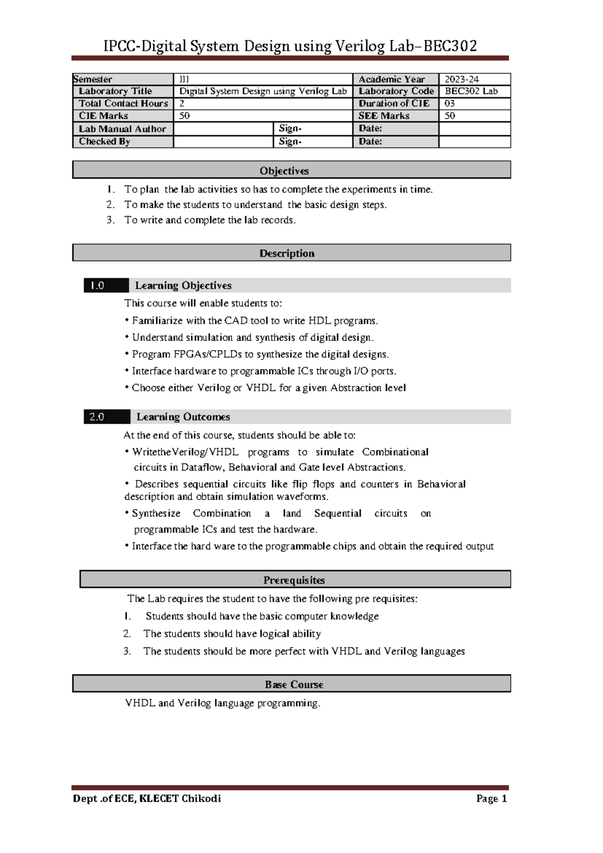 Digital System Design Lab Report using Verilog - BEC302 - Studocu