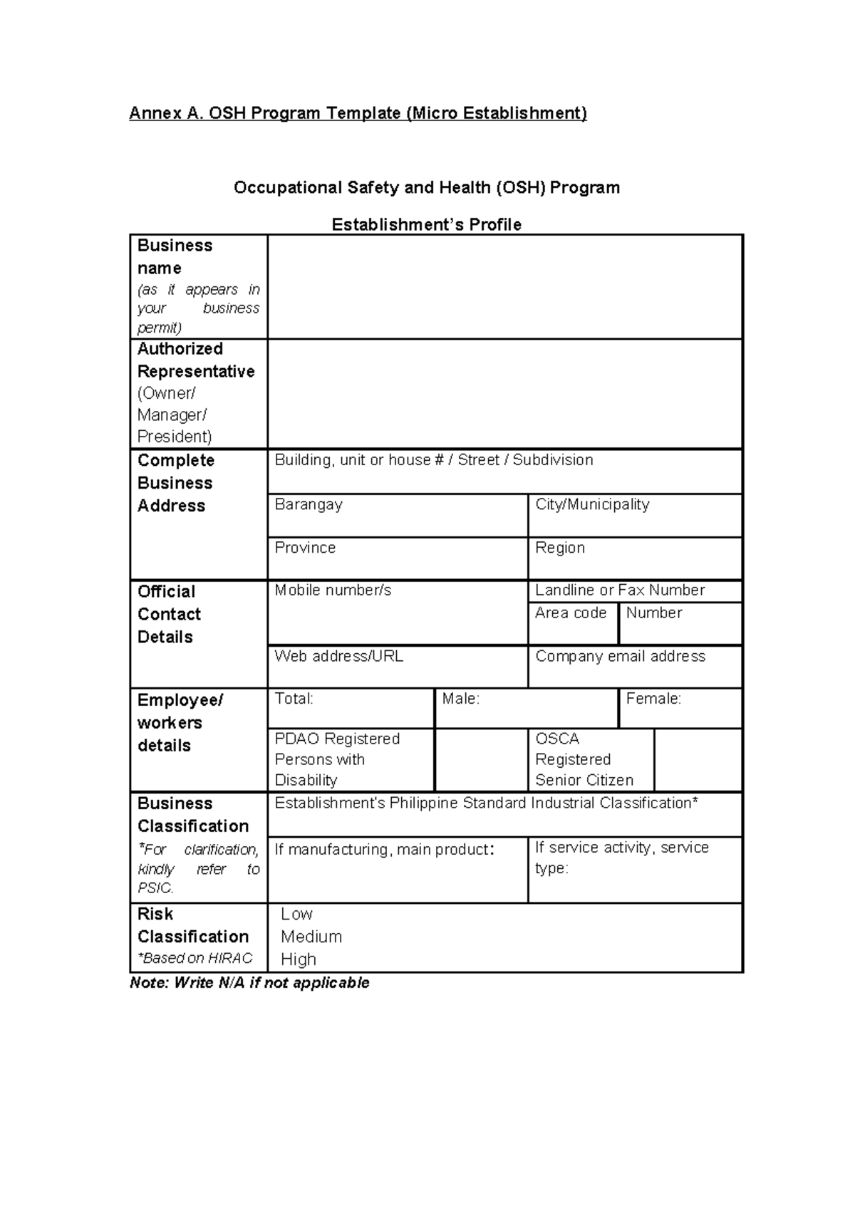 OSH Program Template for Micro Establishment (RA 11058 Compliance ...