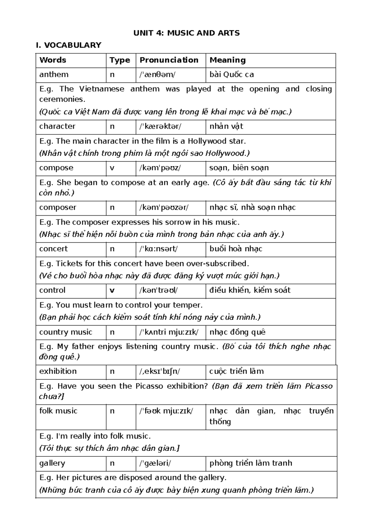 UNIT 4: MUSIC AND ARTS I - VOCABULARY & PRONUNCIATION NOTES - Studocu