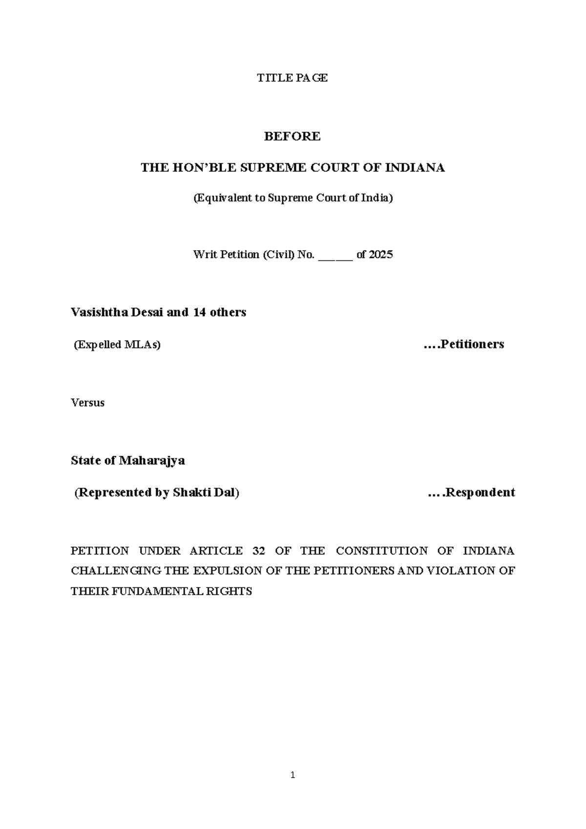 Moot Court Petition: Writ Petition (Civil) No 2025 on MLA Expulsion