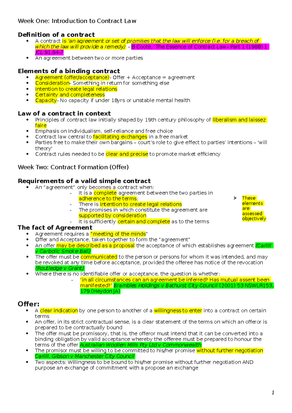 Contract A- notes - Week One: Introduction to Contract Law Definition ...
