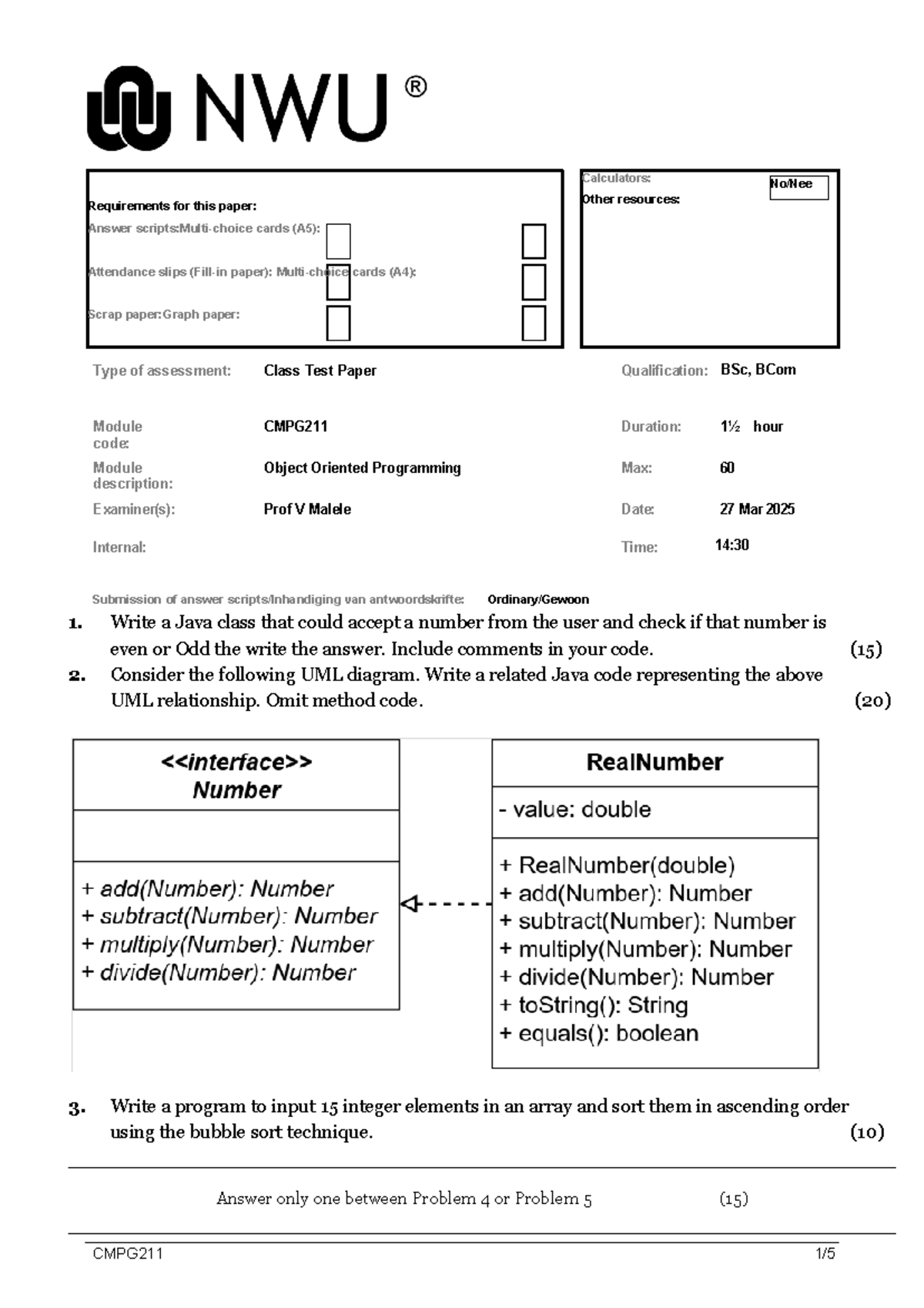 CMPG211 Class Test Paper: Object Oriented Programming 2025 - Studocu