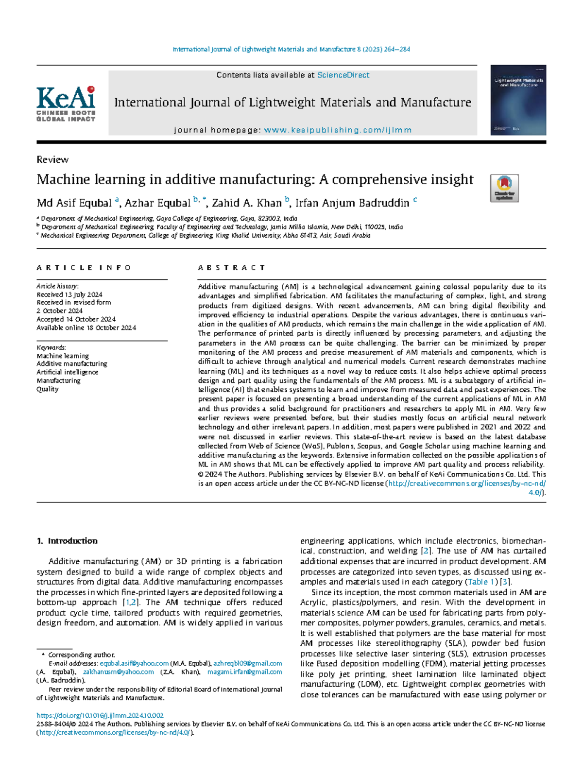 Machine Learning Applications in Additive Manufacturing: A Review (AM ...