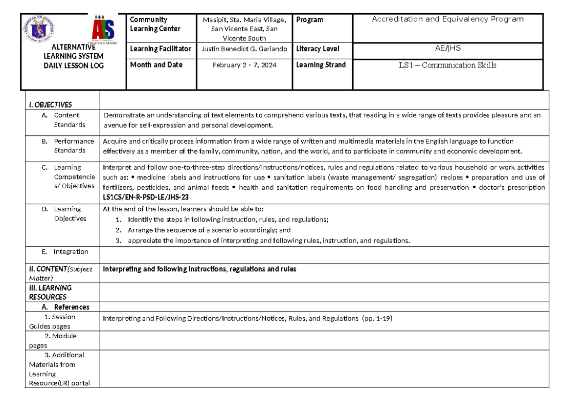 DLP Daily Lesson Log: Interpreting Instructions and Regulations - Studocu