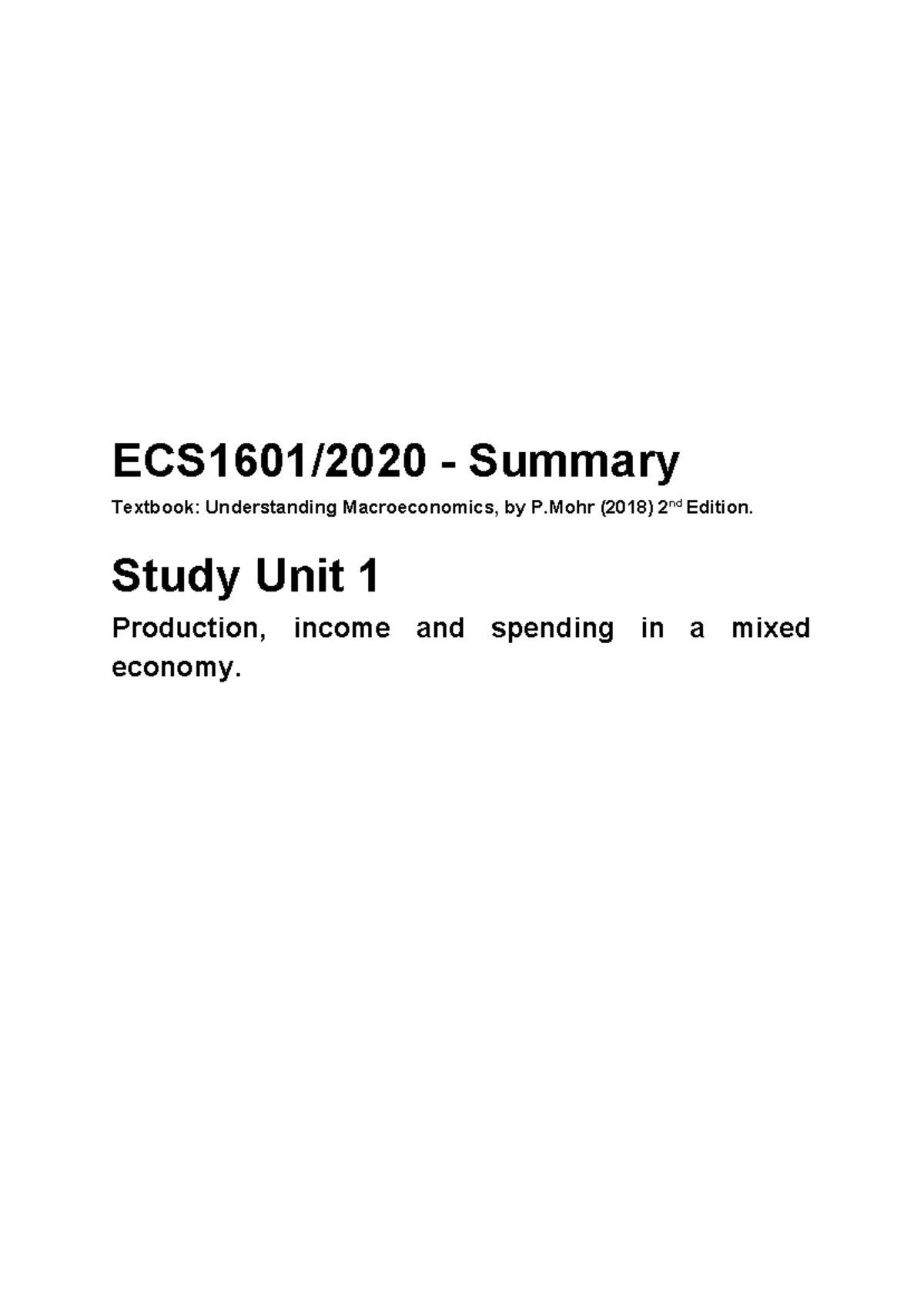 ECS1601 2020 - Summary of Study Unit 1: Production, Income & Spending ...