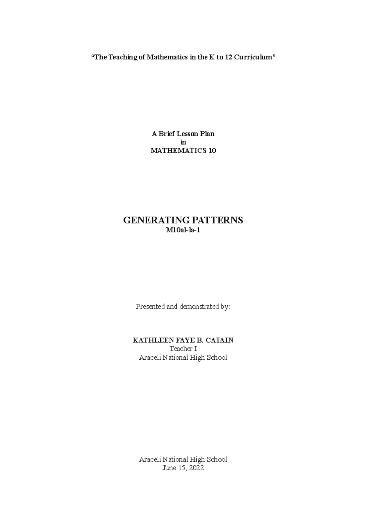 CO1 Lesson Plan - Generating Patterns in Mathematics 10 - Studocu