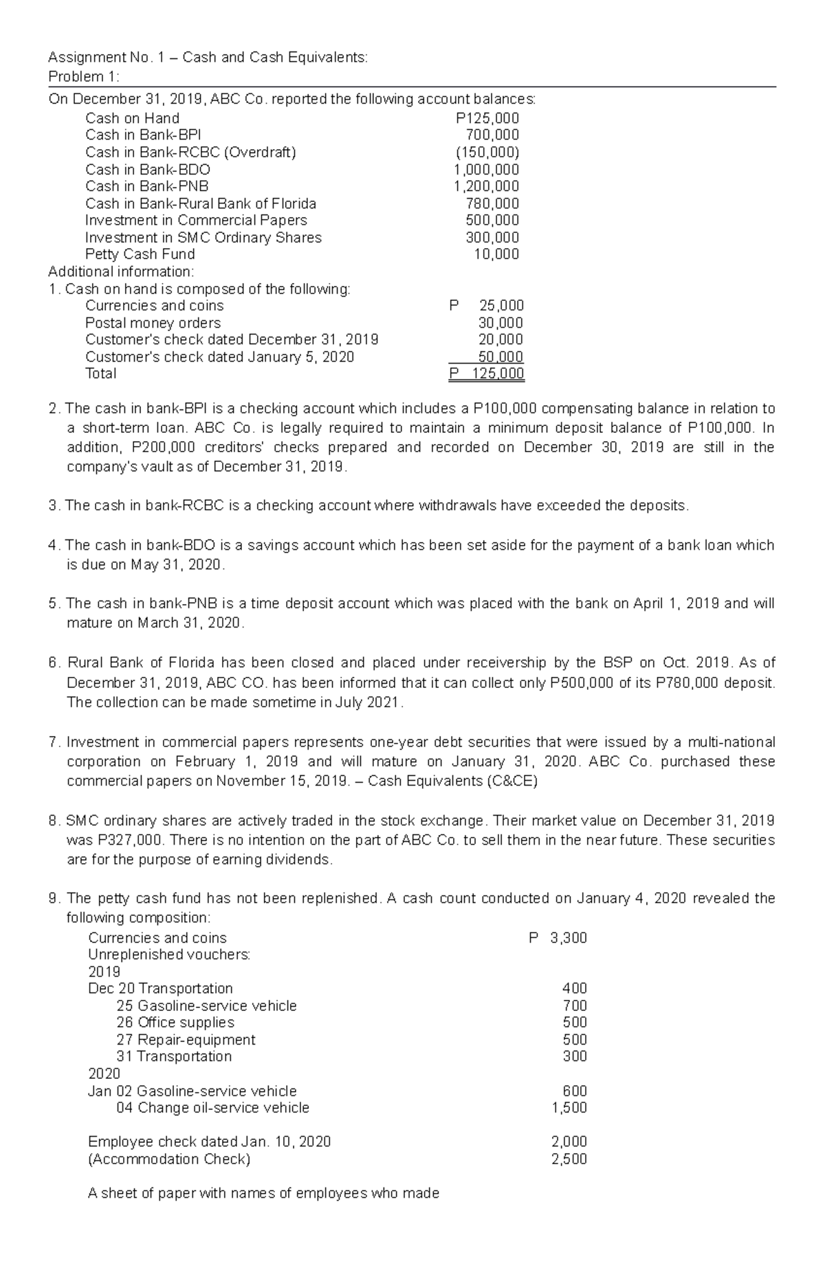 Assignment 1: Cash and Cash Equivalents Analysis for ABC Co. - Studocu