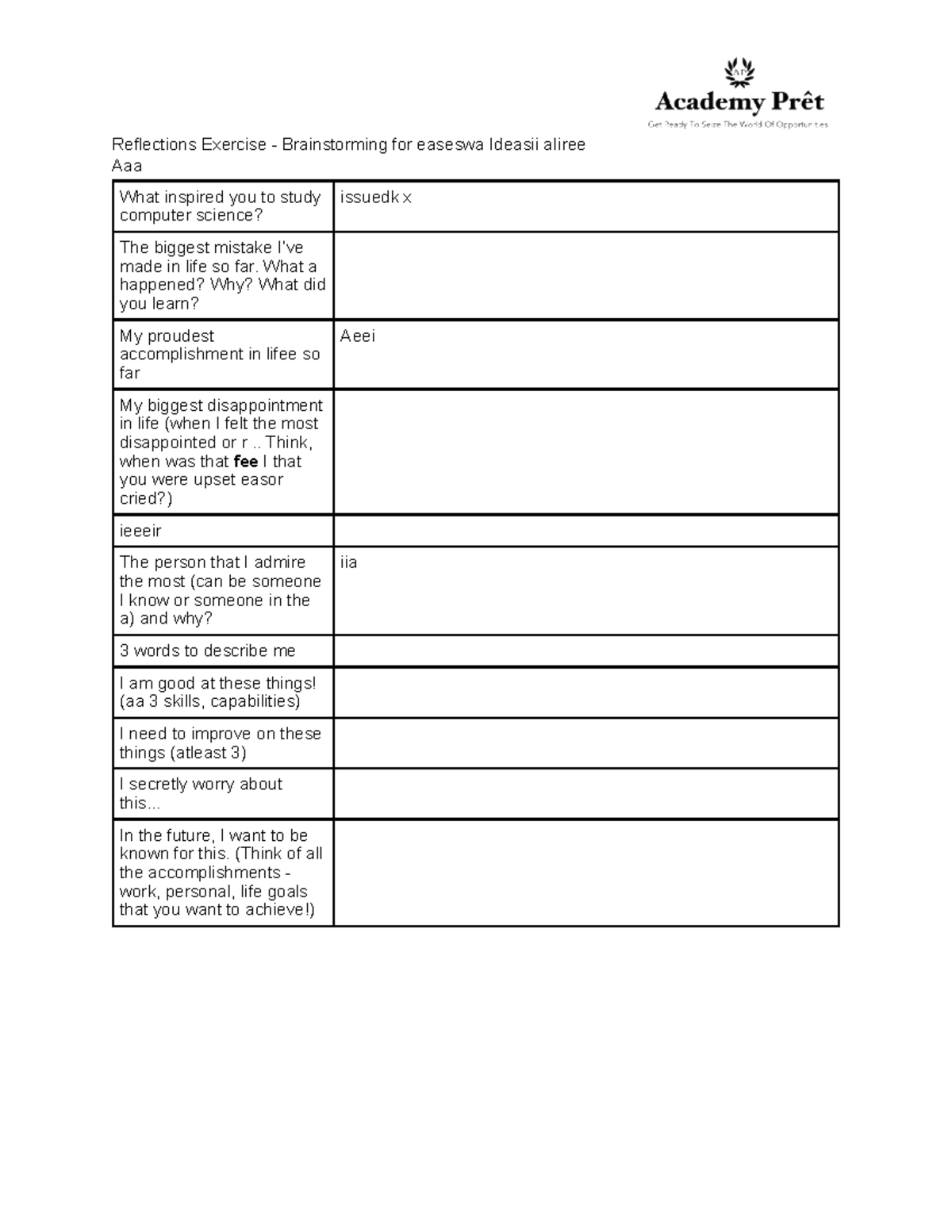 Reflections Exercise for Univ Essays 2: Personal Insights and Growth ...