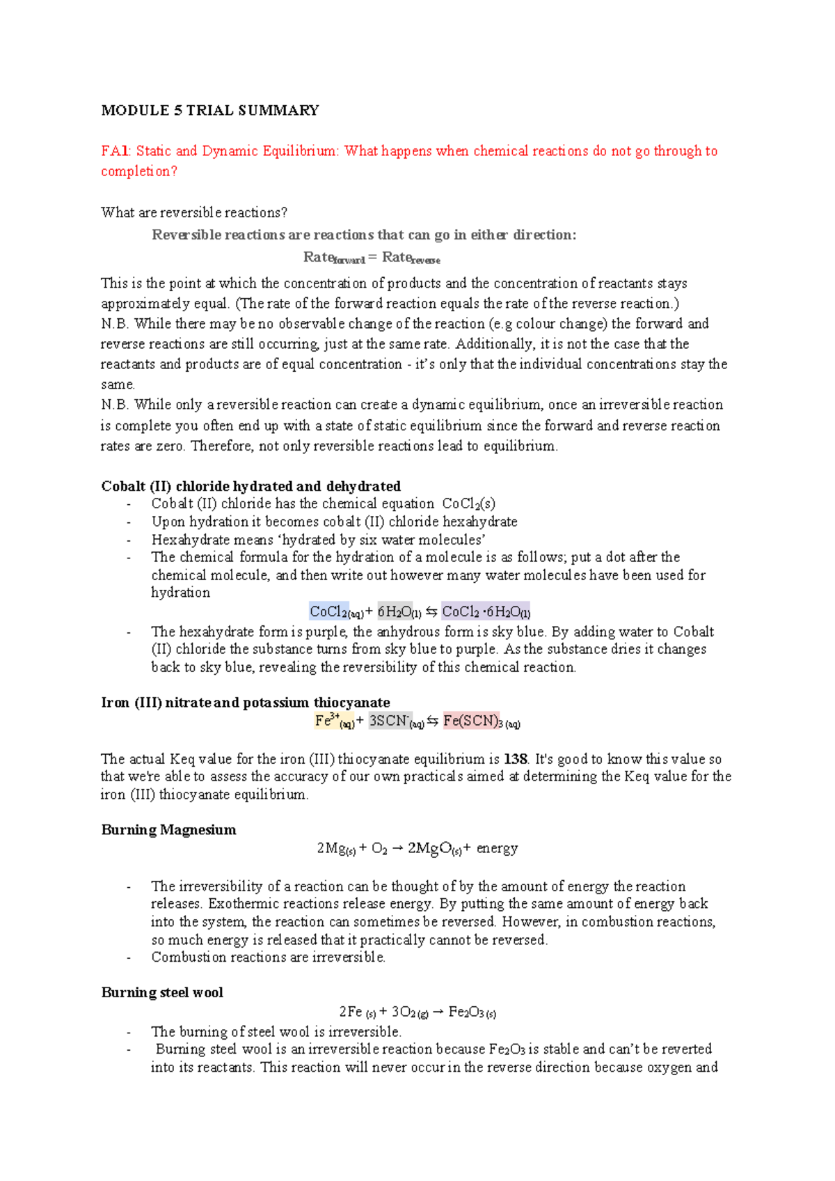 MODULE 5 TRIAL SUMMARY FA1: Static & Dynamic Equilibrium in Reactions ...