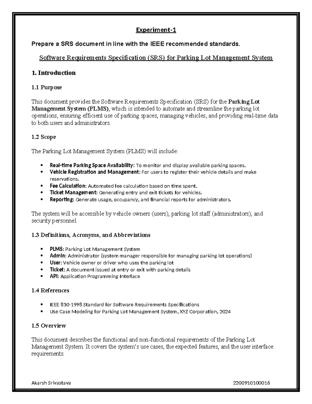 Software Requirements Specification (SRS) for PLMS: Parking Lot ...