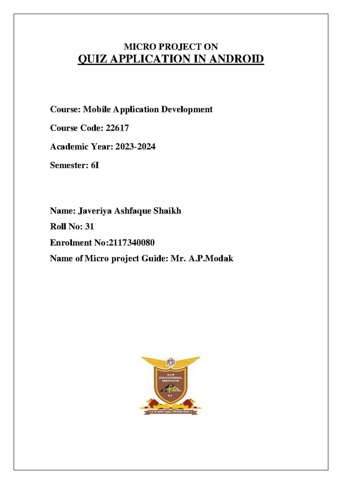 Final Micro Project: Quiz Application in Android (Course Code: 22617 ...