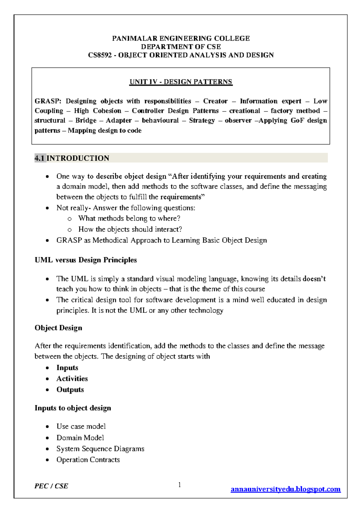CS8592 - OOAD Unit 4 - Design Patterns and Principles Overview - Studocu