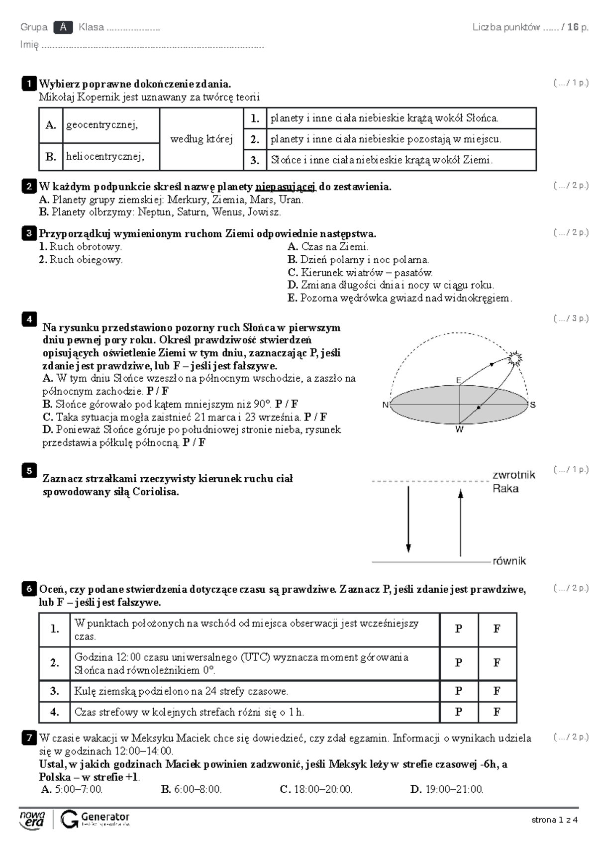 Sprawdzian Geografia Klasa 2 Liceum Ziemia We Wszechswiecie Tomasz Olczyk