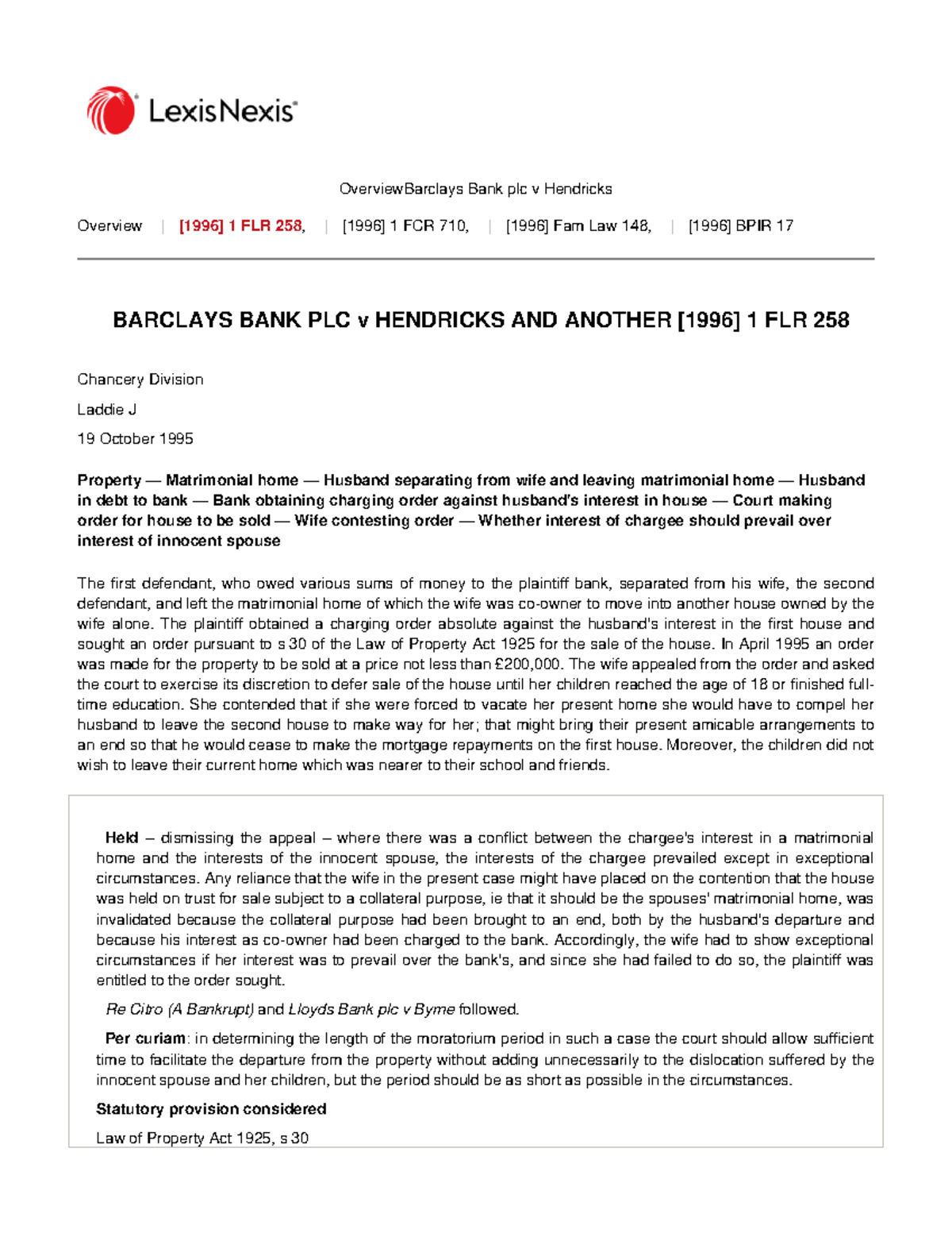 Barclays Bank plc v Hendricks: Case Overview & Legal Implications 1 FLR ...