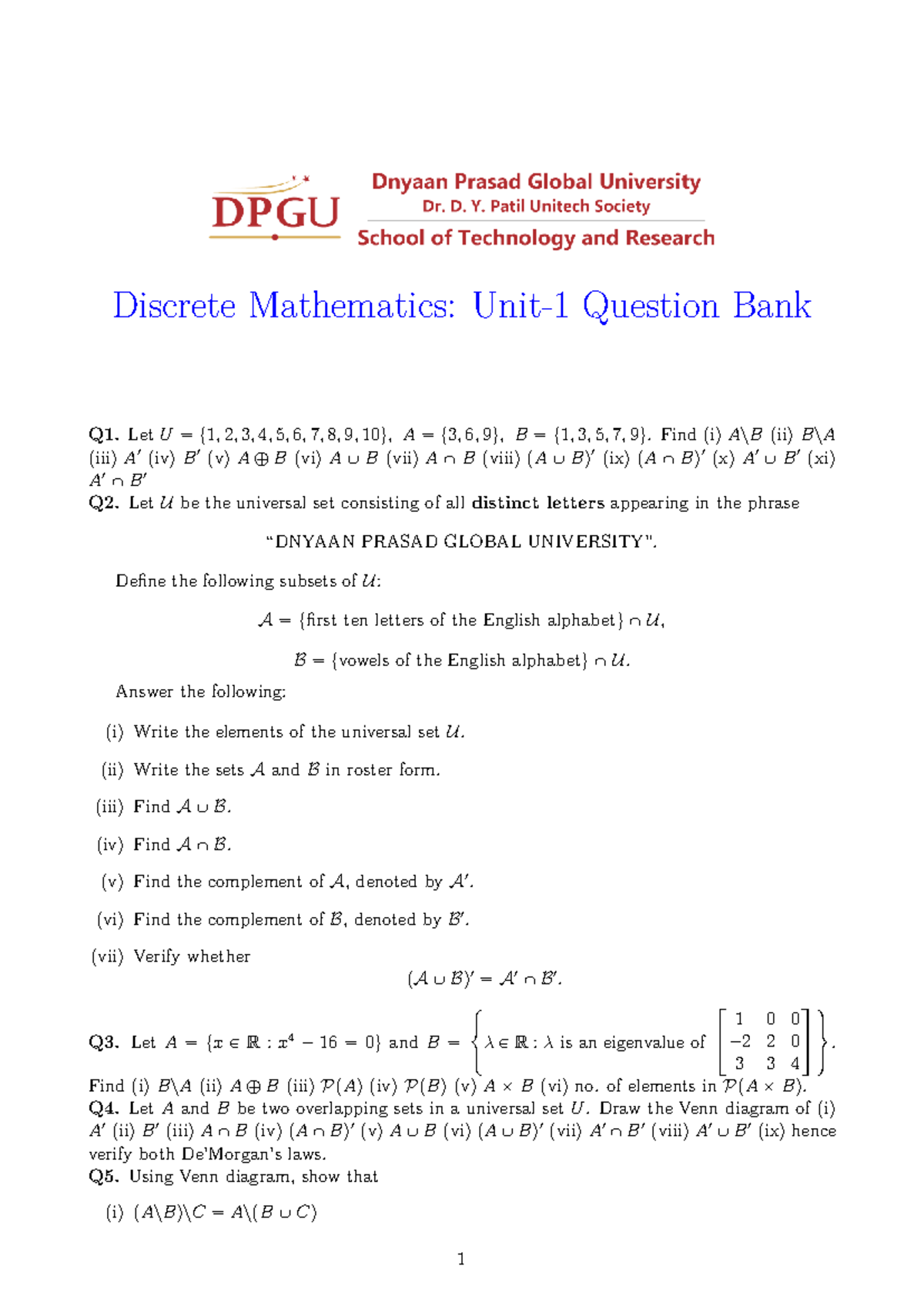 DM QB Unit1: Discrete Mathematics Question Bank and Solutions - Studocu