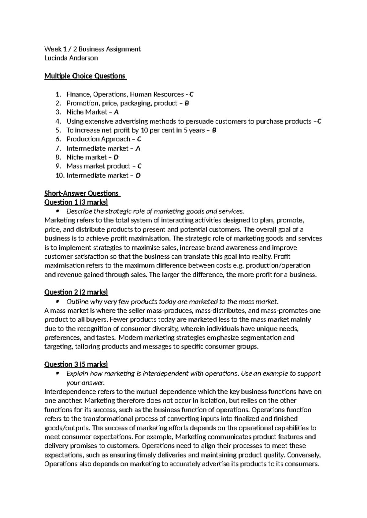 Week 1:2 assignment marketing business - Week 1 / 2 Business Assignment ...