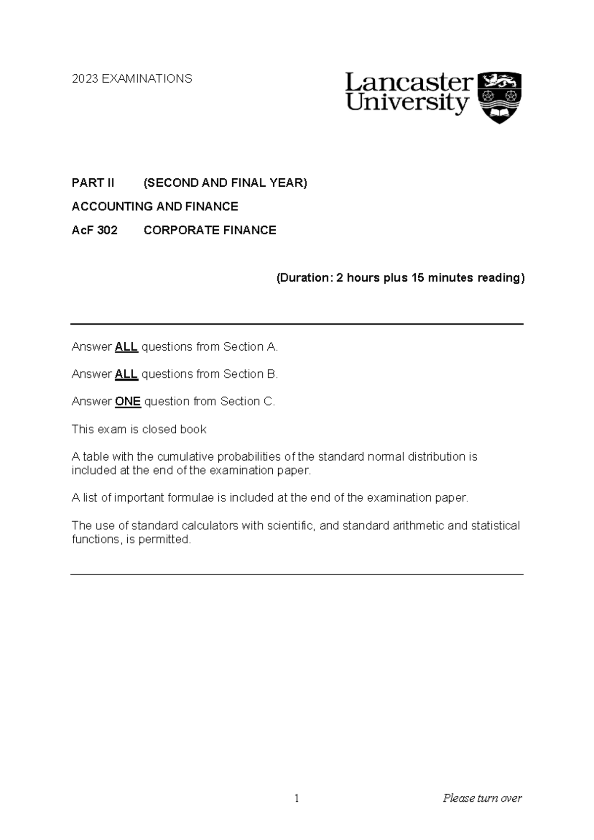 AcF 302 Corporate Finance Final Exam 2023 - Comprehensive Guide - Studocu