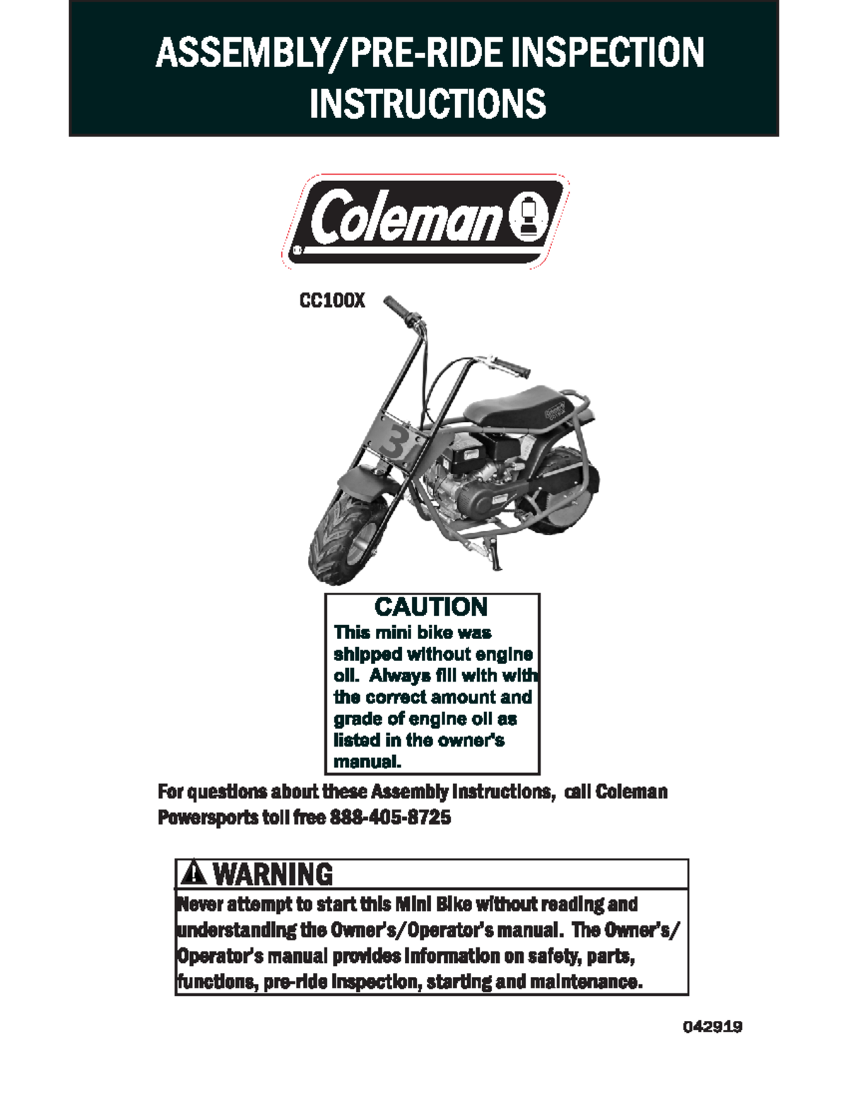 coleman 100cc mini bike instructions CC100X Mini Bike Assembly Instructions and Safety Guidelines